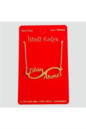 Kişiye Özel Sonsuzluk Çift İsim Yazılı Kolye - Sarı