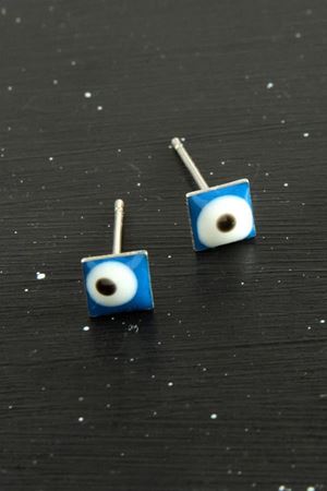 Mavi Renkli Kare Nazar Mineli Minik Küpe 1 Çift - Mavi