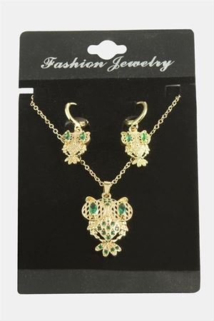 Baykuş Zirkon Taşlı Set Kolye - Yeşil