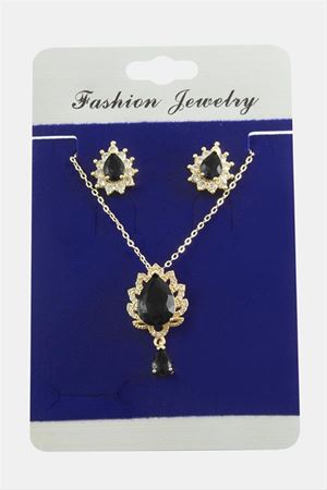 Oval Zirkon Taşlı Set Kolye - Siyah