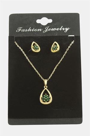 Oval Kartanesi Zirkon Taşlı Set Kolye - Yeşil