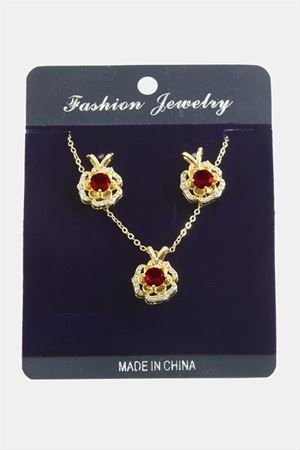 Çiçek Zirkon Taşlı Set Kolye - Kırmızı