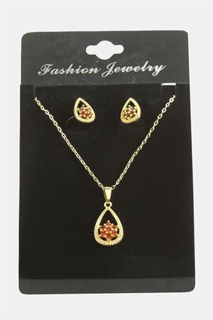 Oval Kartanesi Zirkon Taşlı Set Kolye - Kırmızı