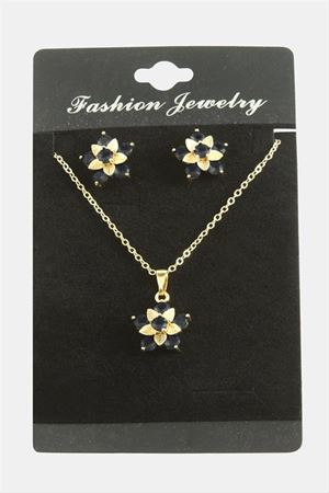 Çiçek Zirkon Taşlı Set Kolye - Siyah