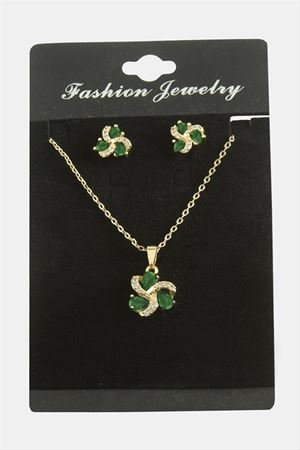 Çiçek Damla Zirkon Taşlı Set Kolye - Yeşil