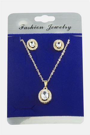 Oval Zirkon Taşlı Set Kolye - Gümüş Rengi