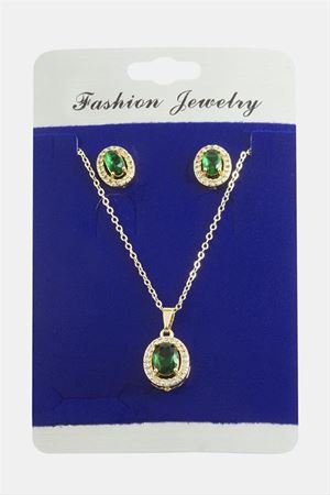 Oval Zirkon Taşlı Set Kolye - Yeşil
