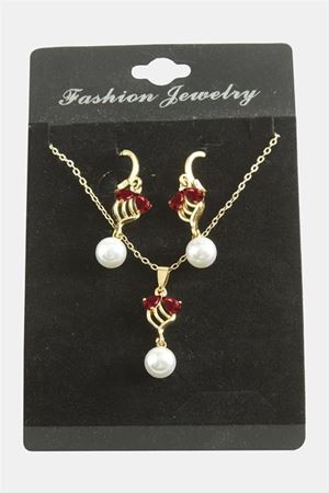 Çiçek İnci Zirkon Taşlı Set Kolye - Kırmızı