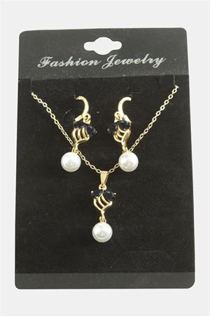 Çiçek İnci Zirkon Taşlı Set Kolye - Siyah