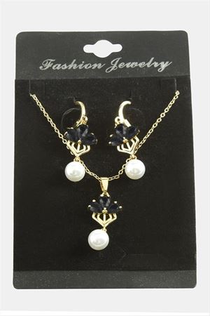 Çiçek İnci Zirkon Taşlı Set Kolye - Siyah