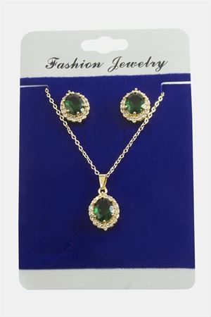Oval Zirkon Taşlı Set Kolye - Yeşil