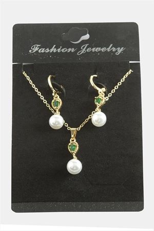 Damla İnci Zirkon Taşlı Set Kolye - Yeşil