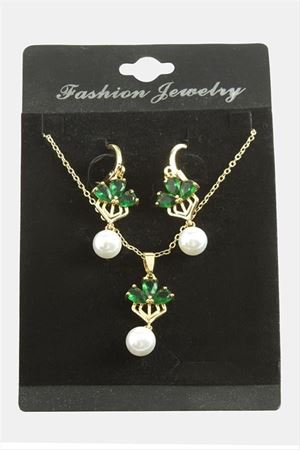 Çiçek İnci Zirkon Taşlı Set Kolye - Yeşil