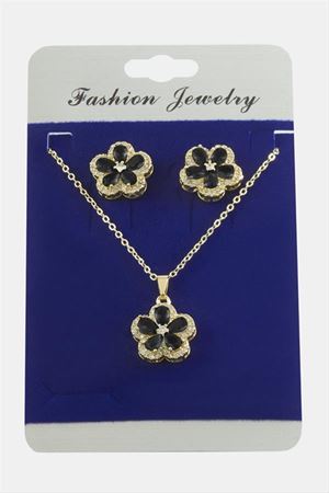 Çiçek Zirkon Taşlı Set Kolye - Siyah