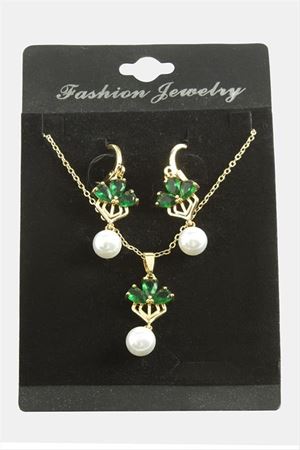 Çiçek İnci Zirkon Taşlı Set Kolye - Yeşil