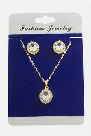 Oval Zirkon Taşlı Set Kolye - Gümüş Rengi