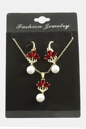 Çiçek İnci Zirkon Taşlı Set Kolye - Kırmızı