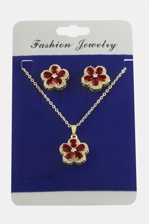 Çiçek Zirkon Taşlı Set Kolye - Kırmızı
