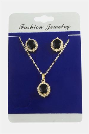 Oval Zirkon Taşlı Set Kolye - Siyah