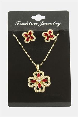 Çiçek Zirkon Taşlı Set Kolye - Kırmızı