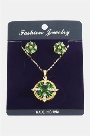 Çiçek Zirkon Taşlı Set Kolye - Yeşil