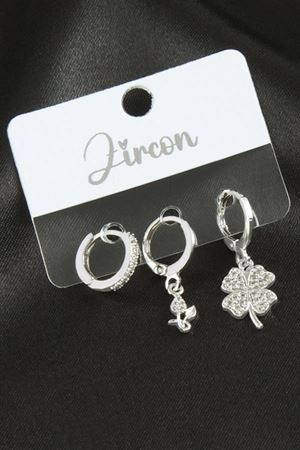 3 Adet Yonca Zirkon Taşlı Küpe - Gümüş Rengi