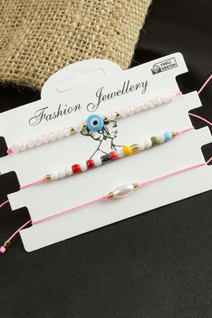 3 Adet Nazar Kristal Kum Boncuk Bileklik - Açık Pembe