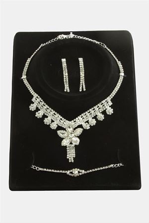 Çiçek Taşlı Lüks Set Kolye - Gümüş Rengi