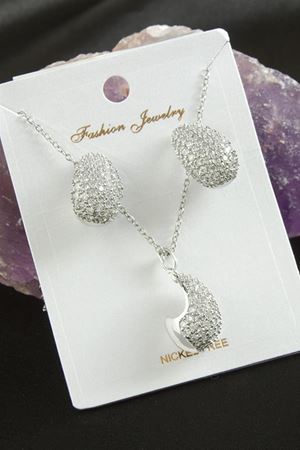 Oval Zirkon Taşlı Lüks Set Kolye - Gümüş Rengi