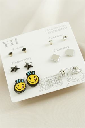 12 Adet Emoji Metal Taşlı Küpe - Gümüş Rengi