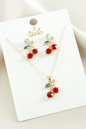 Kiraz Zirkon Taşlı Set Kolye - Kırmızı