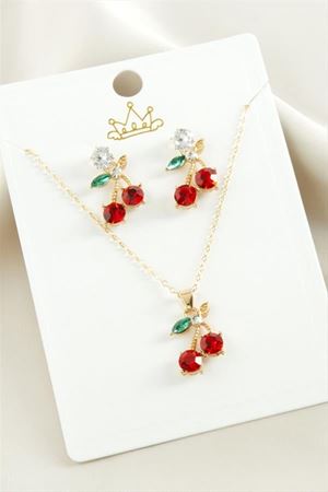 Kiraz Zirkon Taşlı Set Kolye - Kırmızı