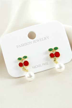 Kiraz Mineli İnci Küpe - Kırmızı