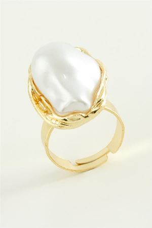Oval İnci Metal Yüzük - Sarı