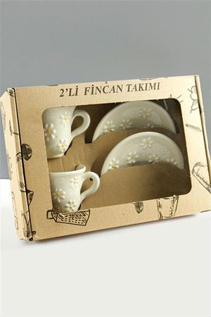 Papatya Desenli Seramik İkili Fincan Takımı - Beyaz