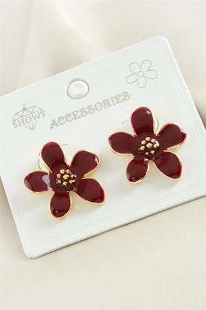 Çiçek Mineli Metal Küpe - Bordo