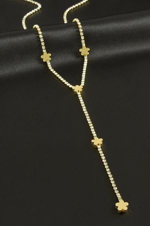 Çiçek Şerit Taşlı Çelik Y Kolye - Sarı
