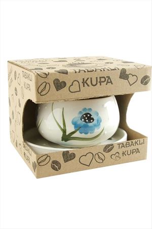 Çiçek Desenli Seramik Tabaklı Kupa - Mavi
