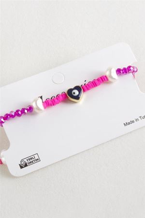 Kalp İnci Fimo Kristal Makrome İp Bileklik - Pembe