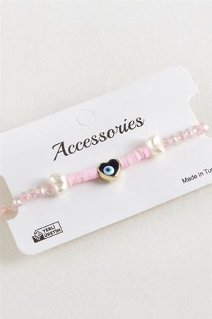 Kalp İnci Fimo Kristal Makrome İp Bileklik - Açık Pembe