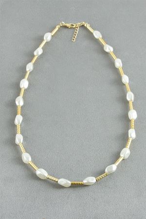 Oval Metal İnci Kolye - Sarı