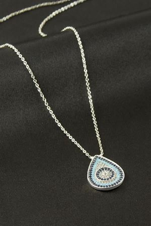 Oval Nazar Zirkon Taşlı Kolye - Gümüş Rengi
