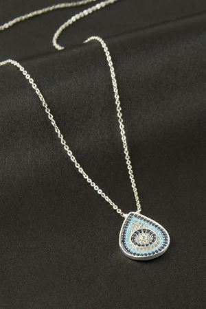 Oval Nazar Zirkon Taşlı Kolye - Gümüş Rengi