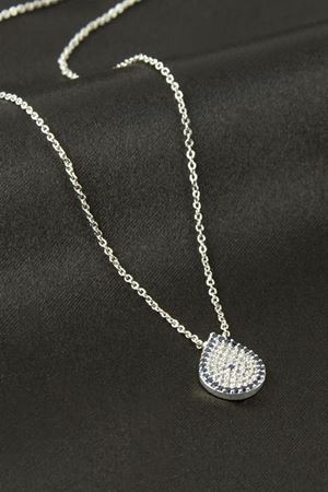 Oval Nazar Zirkon Taşlı Kolye - Gümüş Rengi