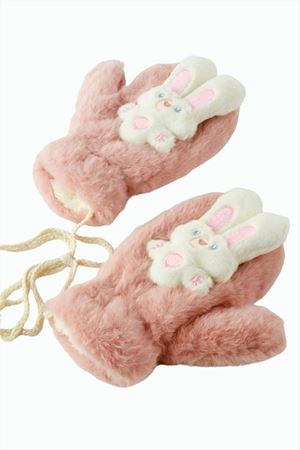 Tavşancık Yünlü İçi Polar Çocuk Eldiven - Pembe