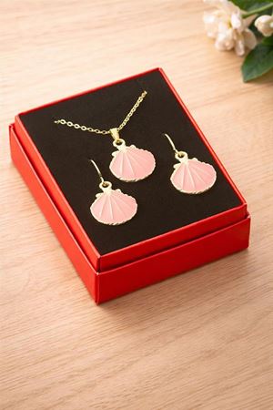 İstiridye Mineli Kutulu Kolye Set - Açık Pembe