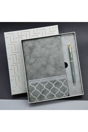 Gri Renk Defter Ve Metal Roller Kalem Seti