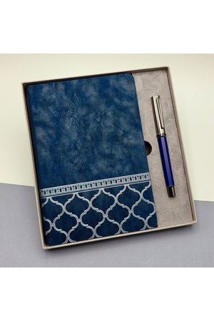 Mavi Termo Deri Defter Ve Metal Roller Kalem Seti