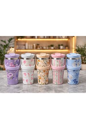 Çiçek Desenli 700 ml Taşıma Kulplu Paslanmaz Çelik Termos Mug Bardak