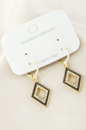 Oval Taşlı Metal Küpe - Sarı